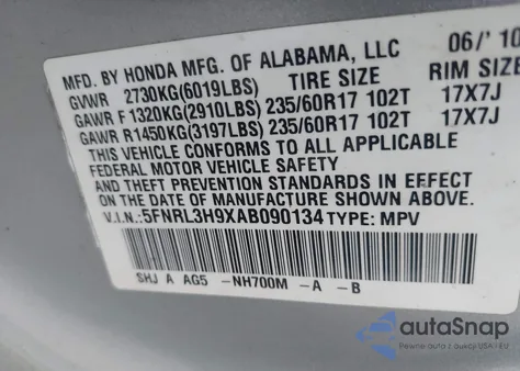 2010 Honda Odyssey Touring from USA, damaged, VIN 5FNRL3H9XAB090134